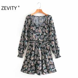 Zevity Autumn Women Vintage V Neck Cashew Flower Print Waist Mini Dress Ladies Chic Long Sleeve Casual Party Vestido DS4555 210603