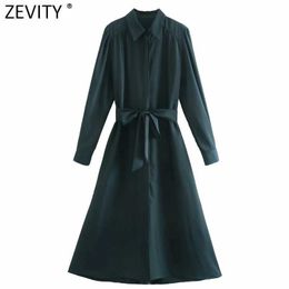 Zevity Women Turn Down Collar Solid Color Breasted Shirt Dress Chic Female Long Sleeve Bow Sashes Casual Vestido DS4998 210603