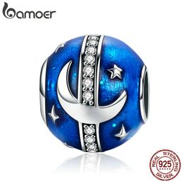 BAMOER 925 Sterling Silver Sparkling Star And Moon Charm Beads fit Women Charm Bracelets DIY Jewellery Making Accessories SCC796 Q0531