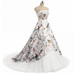 2021 Vintage White Camo Wedding Dress Strapless Lace-up Corset back realtree Camouflage Boho Beach Country Bridal Dresses Vestidos De Noiva