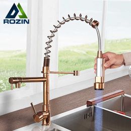 Rozin LED Light Kitchen Faucet Rose Gold LED Pull Down Spring Kitchen faucets Dual Swivel Spout Crane Cold water mixer Taps 210724