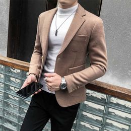 Winter Men's Woolen Blazer Single Button Casual Suit Jacket High Quality Business Dress Coat Streetwear Social Clothing 210527