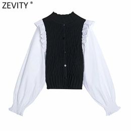 Zevidade Mulheres Vintage Puff Manga Patchwork Curto Slim Knitting Camisa Femme Ruffles Elastic Kimono Blusa Blusa Roupas CHIC Tops LS9069 210603