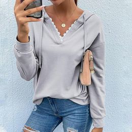 Women's Hoodies & Sweatshirts 2021 Spring Korean Fashion Women Elegant Pullover Sexy Lace V Neck Ladies Top Casual Long Sleeve T-shirt