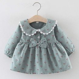 Baby Girl Clothes 2021 Newborn Baby Autumn Cute Dress Kids Solid Cherry Print Dresses with Bowknot Princess Dress Baby Clothing 210312