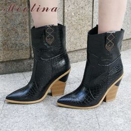 Meotina Mid-calf Boots Brand Women Boots Autum Strange Style High Heel Western Boots Pointed Toe Shoes Female Winter Size 33-46 210608