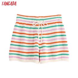Tangada Women Elegant Striped Knit Skirt Shorts Strethy Waist Bow Shorts Pantalones BE691 210609