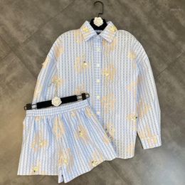 light blue two piece set Canada - Women's Tracksuits FABPOP 2021 Long Sleeve Backless Drawstring Embroidery Light Blue Plaid Shirt Elastic Shorts Two Piece Set Outfits GB960