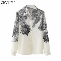 Zevity Women Fashion Black Cashew Nuts Print White Smock Blouse Office Lady Long Sleeve Shirt Chic Blusas Tops LS7614 210603