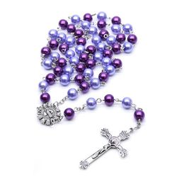 Purple Pearl Cross Necklace 59 Catholic Rosary Beads Jesus Christ Prayer Beads Religious Gift Friends Gift