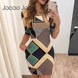 Jocoo Jolee Elegant Fashion Print Short Sleeve Slim O Neck Dress Vintage Geometric Patterns Mini Dress Office Lady Bodycon Dress 210619
