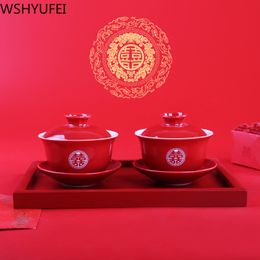 WSHYUFEI Chinese wedding tea set Ceramic Red tea set Gift Porcelain Chinese tea set Home porcelain teapot High-end
