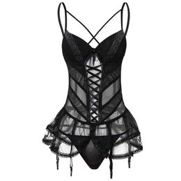 NXY sexy set CINOON Black Sexy Lingerie High Elasticity Corset Women Underwear Lace Up Bustier Mesh Overbust Straps Fabric Corsets chic 1129