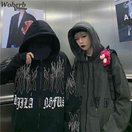 Woherb Sweatshirt Women Oversized Jackets Fall Woman Clothes Harajuku BF Flame Print Tops Hoodie Korean Hooded Hoodies 210803