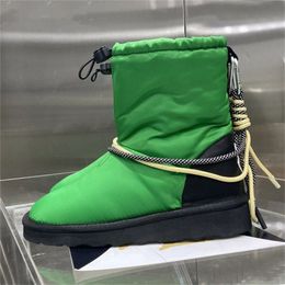 Green Snow Boots Waterproof Nylon Padded Short Boot Pearl Chain Decor Winter Fashion Shoes Women