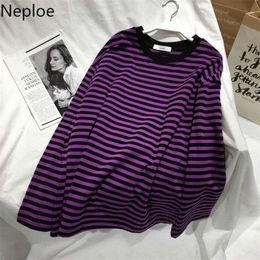 Neploe Autumn Striped Sweaters Medium-long Causal Pullovers Thin O-neck Top Korean Streetwear Plus Size Women Clothes 210805