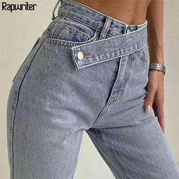 Stylish Blue High Waist Belt y2k Mom Jean Autumn Full Length Wide Denim Pants Harajuku Straight Trouser Streetwear 210629