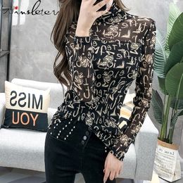 Fall Winter Clothing For Women Thick Fleece Letters Print T-shirts Turtleneck Mesh Slim Stretchy Long Sleeve Tops Tshirs T09002A 210311