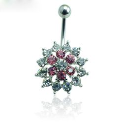 High Quality Fashion Silver Surgical Steel Pink Rhinestone Flower Navel Piecing Ring For Women Body Jewelry