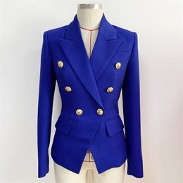 HIGH QUALITY est Classic Designer Jacket Women's Silver Lion Buttons Double Breasted Slim Fit Textured Blazer 211122