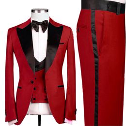 Handsome Red Mens Wedding Suits Black Peaked Collar Men's Tuxedo 3 Pieces Groom Terno Party Suits For Men (Jacket+Vest+Pants)