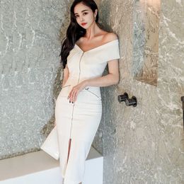 Women Office Work Dress Off The Shoulder V-neck Bodycon Pencil Summer Simple Brief Style Front Full Zipper Vestidos 210529