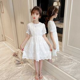 4-12Y Kids Casual Dresses for Girls White Embroidery Lace Mesh Ruffles Dress 2021 New Summer Korean Princess Dress Girls Clothes Q0716