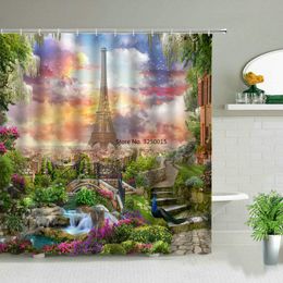 Shower Curtains Retro Paris Street Tower Print Hand Painted Design Bathroom Home Decor Waterproof Bathtub Hanging Curtain Set