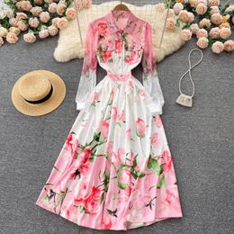 casual maxi dress with pockets UK - Casual Dresses Runway Design Rose Floral Maxi Dress Woman's Lace Patchwork Shirt Collar Long Sleeve Pockets A Line Party S65919