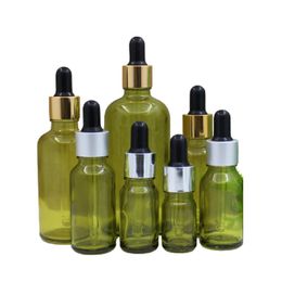 Olive Green Glass Essential Oil Pipette Bottle Black Rubber Top Empty Dropper Essence Emulsion Packaging Refillable Vials 5ml 10ml 15ml 20ml 30ml 50ml 100ml