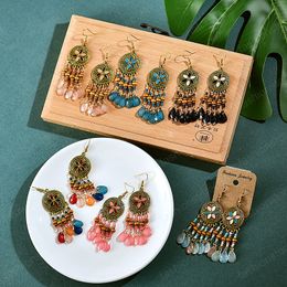 Retro Flower Earrings for Women Engagement Jewelry Gifts Long Red Crystal&wood Bead Tassel Dangle Earrings Bohemian