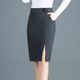 Autumn&Winter Woollen Skirt Women Korea Slim Sexy High Waist Elastic Front Slit Pencil Skirt Plus Size Black Midi Skirts 3XL 210309
