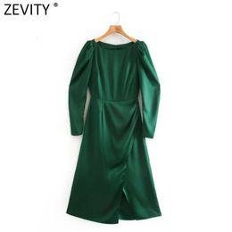 Zevity Women Elegant Slash Neck Solid Colour Satin Split Midi Dress Female Pleats Puff Sleeve Chic Slim Party Vestido DS4899 210603