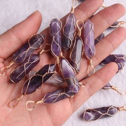 Natural stone pink quartz charms pillar shape point handmade iron wire Amethyst pendants for jewelry necklace earrings making