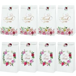 12Pcs Thank You Flower Print Paper Gift Bags With Stickers Team Bride Packing Bag For Wedding Birthday Party Candy Box Wrap