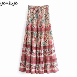 YENKYE Vintage Floral Print Long Maxi Skirt Women Elastic High Waist Pleated Casual Jupe Femme Holiday Summer Boho 210621