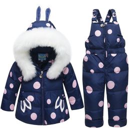 Kids Baby Girl Rabbit Ear Fur Hooded Coat Ski Snow Suit Jacket+Bib Pants Overalls Dotted Down Clothes LJ201126