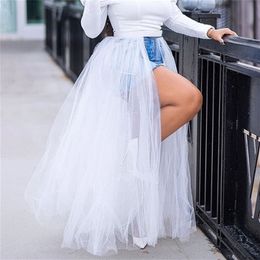 White Overskirt Tulle Skirt Mesh Elastic Waist Women Summer Black Maxi Tutu Jupes All Match Detachable Saia Plus Size New 210310