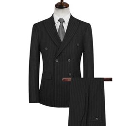 50% Dropshipping!!Men Double Breasted Stripe Lapel Formal Blazer Pants Suit Set Two Pieces for Wedding X0909
