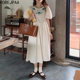 Korejpaa Women Dress Summer Korea Chic Ladies Fresh Round Neck Lace Embroidery Ruffled High Waist Loose Puff Sleeve Vestido 210526