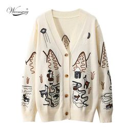 Spring High Quality Fashion Embroidery V-Neck Oversized Cardigan Long Sleeve Single Breasted Button Knitted Sweater C-092 211007