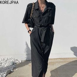 Korejpaa Women Dress Summer Korean Chic Retro Temperament Rips Single-row Buckle Tie with Waist-high Pocket Denim Vestido 210526