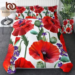 BeddingOutlet Red Poppy Bedding Set Blooming Flowers Quilt Cover Queen 3pcs Watercolour Home Textiles Lavender Chic Pink Bed Set 210309