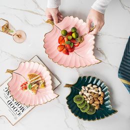 Dishes & Plates Tableware Ceramic Dinner Plate Nordic Gold Inlay Leaf Jewellery Storage Sushi Fashion Dim Sum Dinnerware