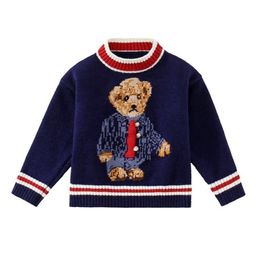 Contrast Cartoon Bear Print School Navy Sweater for Baby Girls Boys Winter Knitwear Kids Children Clothing Children's Outerwear 211201