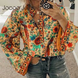 Jocoo Jolee Casual Long Sleeve V Neck Vintage Floral Print Loose Blouse Elegant Lady Shirts Women Summer Beach Tops Tunic 210619