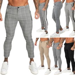 GINGTTO Mens Pants Casual Trousers Skinny Stretch Chinos Slim Fit Pant Plaid Check Men 220214