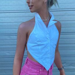Turn-Down Collar Sleeveless Cropped Shirts Backless Button Up Sexy Office Lady Tee Women Fashion Summer Crop Top Streetwear 210625
