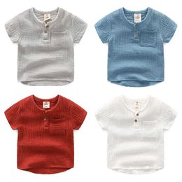 Summer 2-8 9 10 Years Baby Children'S Clothing Solid Colour Soft Cotton linen Short Sleeve T-Shirt For Little Kids Boys 210529