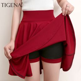 TIGENA Plus Size Mini Shorts Skirts Women Casual A-line High Waist Pleated Skirt Female School Girl Skater Skirt Black Blue 210310